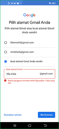 pilih alamat gmail di handphone