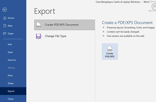 mengubah word ke pdf dengan tool export